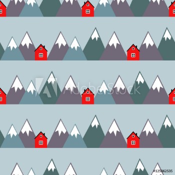 Picture of Nordic landscape with red houses and mountains Seamless pattern with geometric snowy mountains and homes Colorful scandinavian nature illustration Vector mountains background